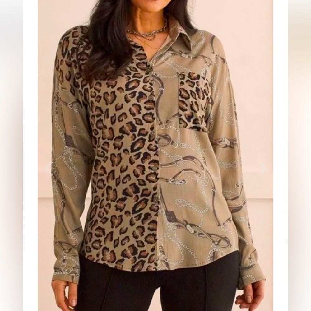 NWT Tribal LS Blouse Sage green Leopard Chain link XL 16. Business Casual